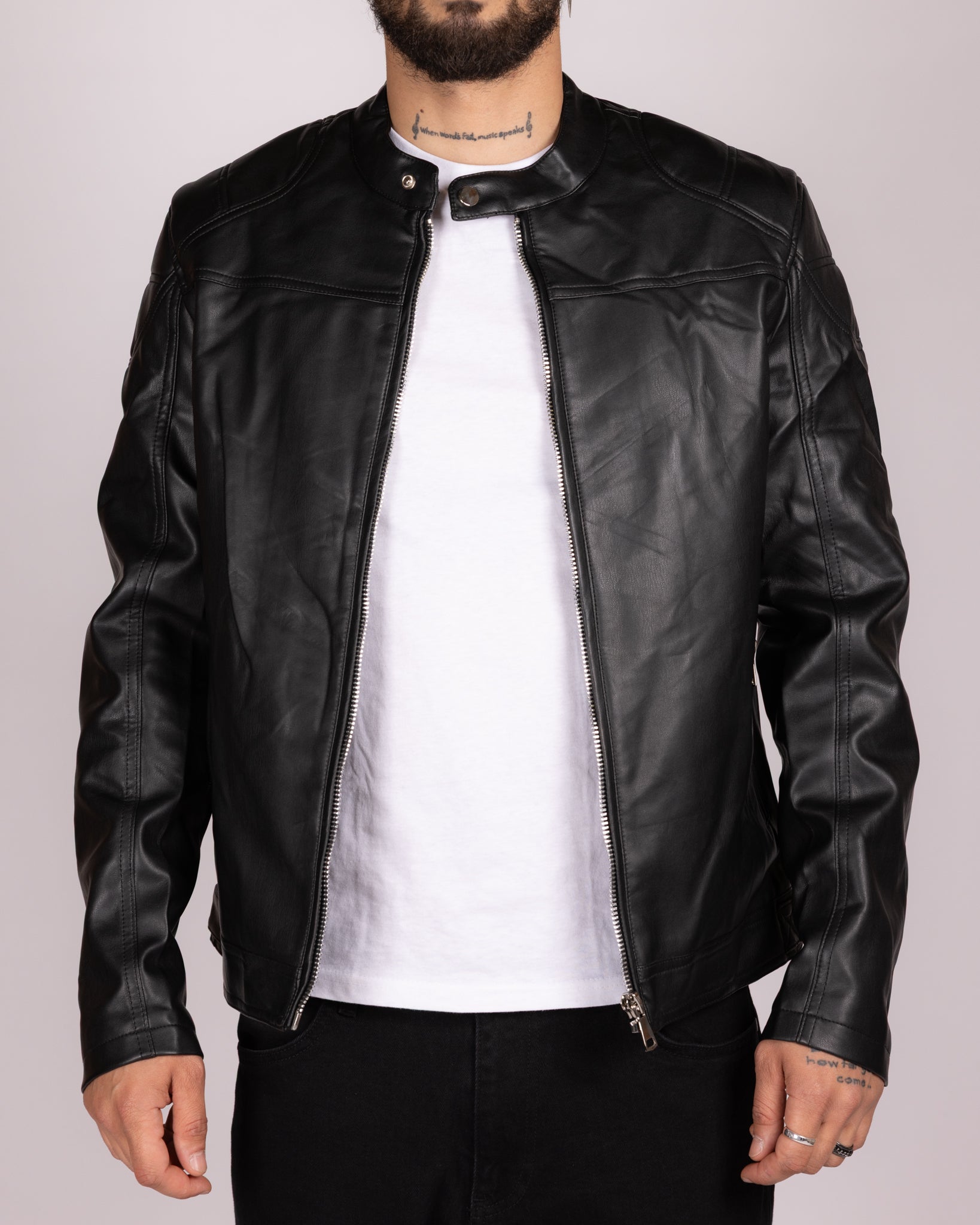 Faux Leather Black Racer Jacket with Stand Collar