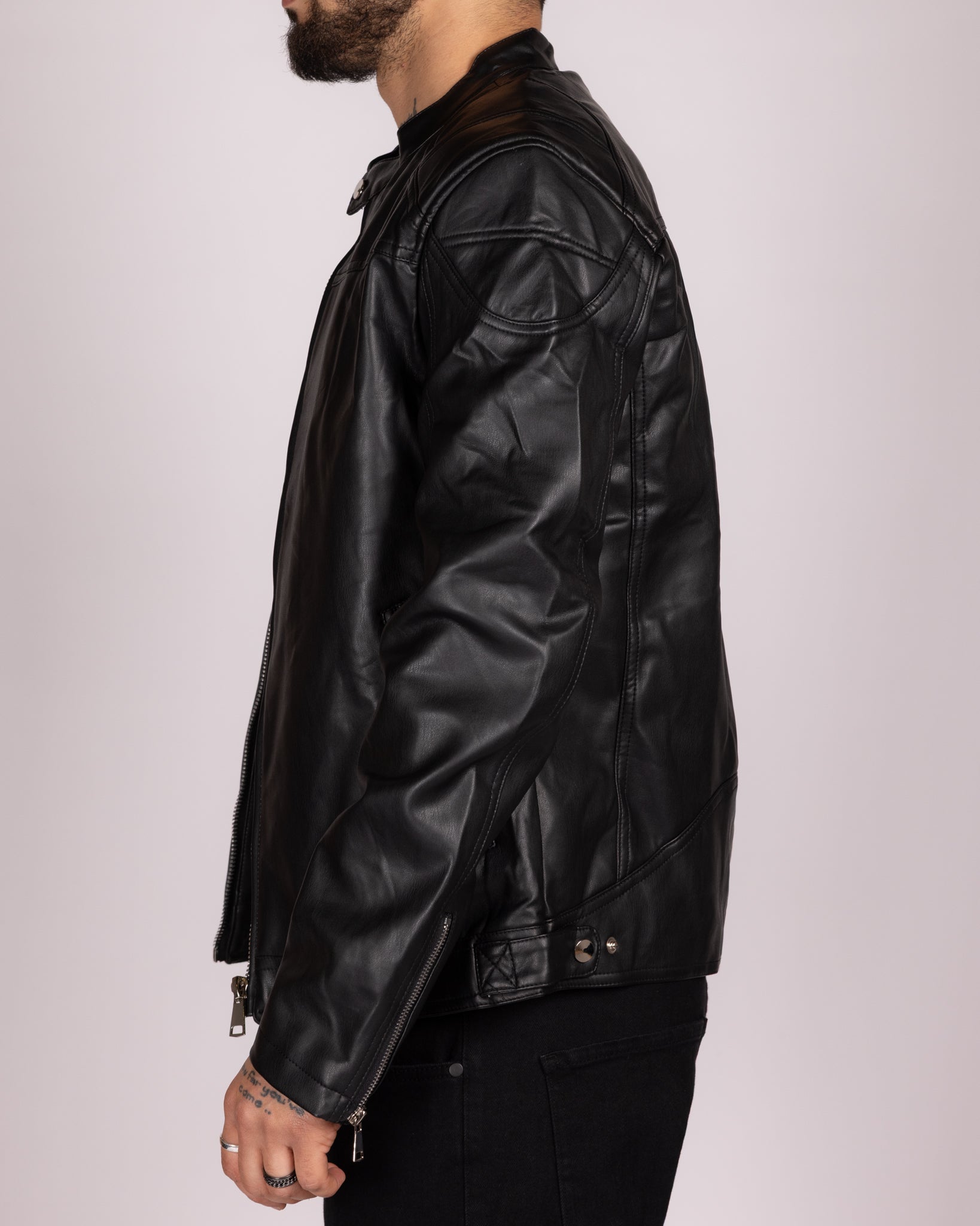 Faux Leather Black Racer Jacket with Stand Collar