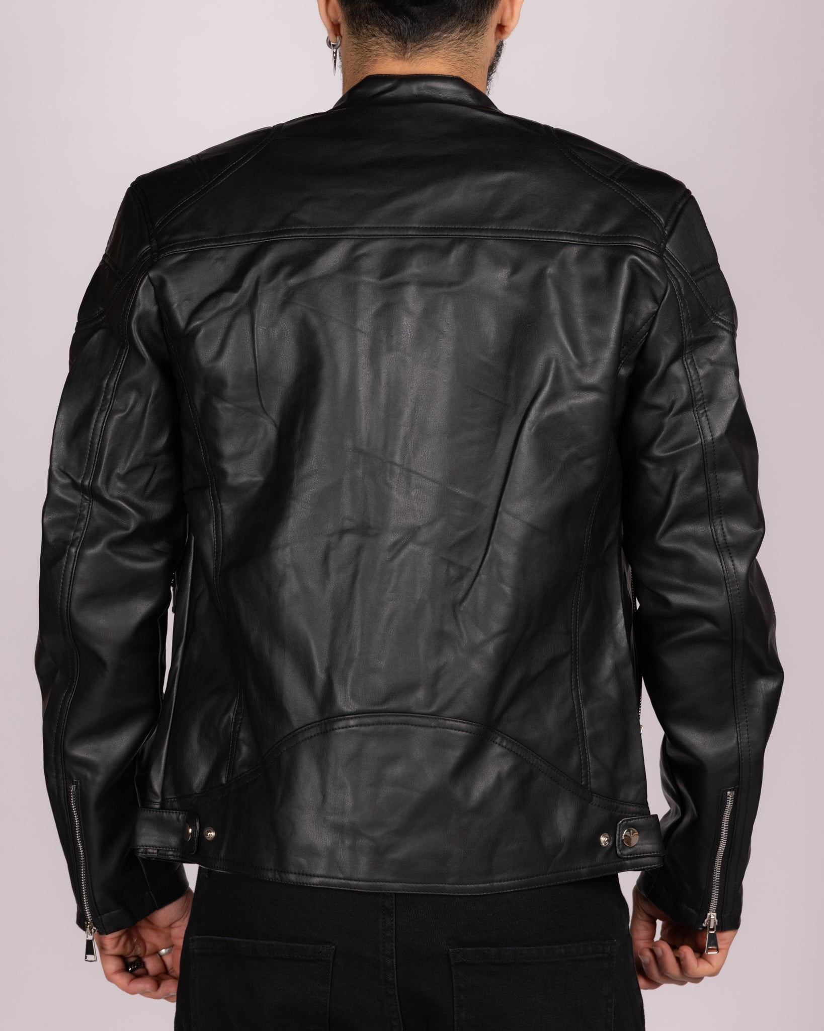 Faux Leather Black Racer Jacket with Stand Collar