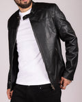 Faux Leather Black Racer Jacket with Stand Collar