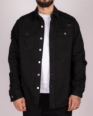 Distressed Denim Overshirt with Snap Buttons and Chest Pockets