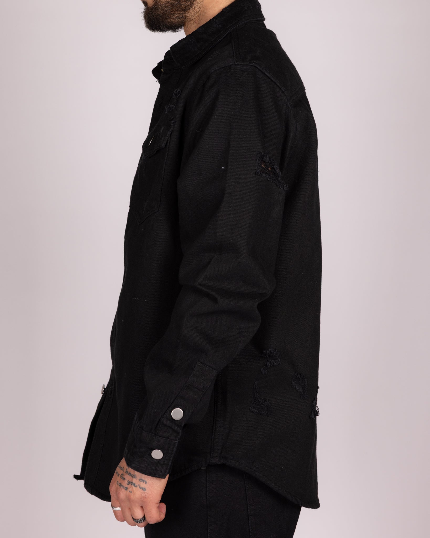 Distressed Denim Overshirt with Snap Buttons and Chest Pockets