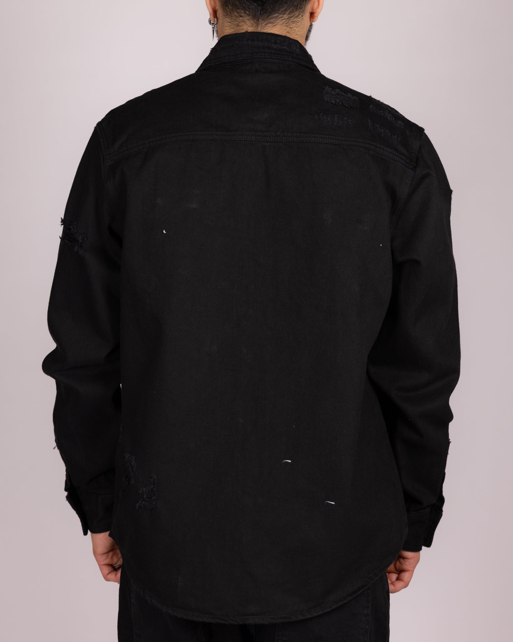 Distressed Denim Overshirt with Snap Buttons and Chest Pockets