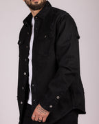 Distressed Denim Overshirt with Snap Buttons and Chest Pockets