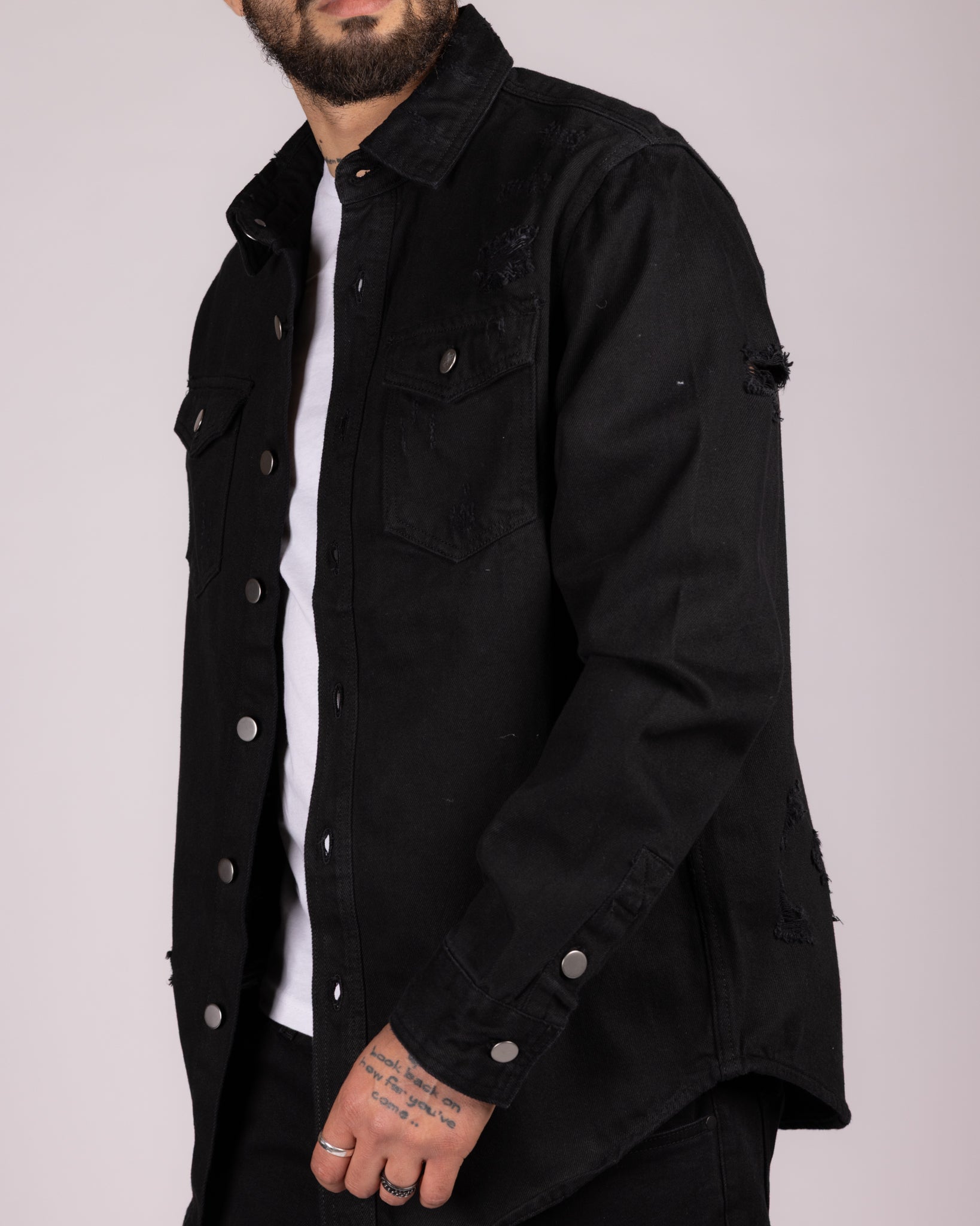 Distressed Denim Overshirt with Snap Buttons and Chest Pockets