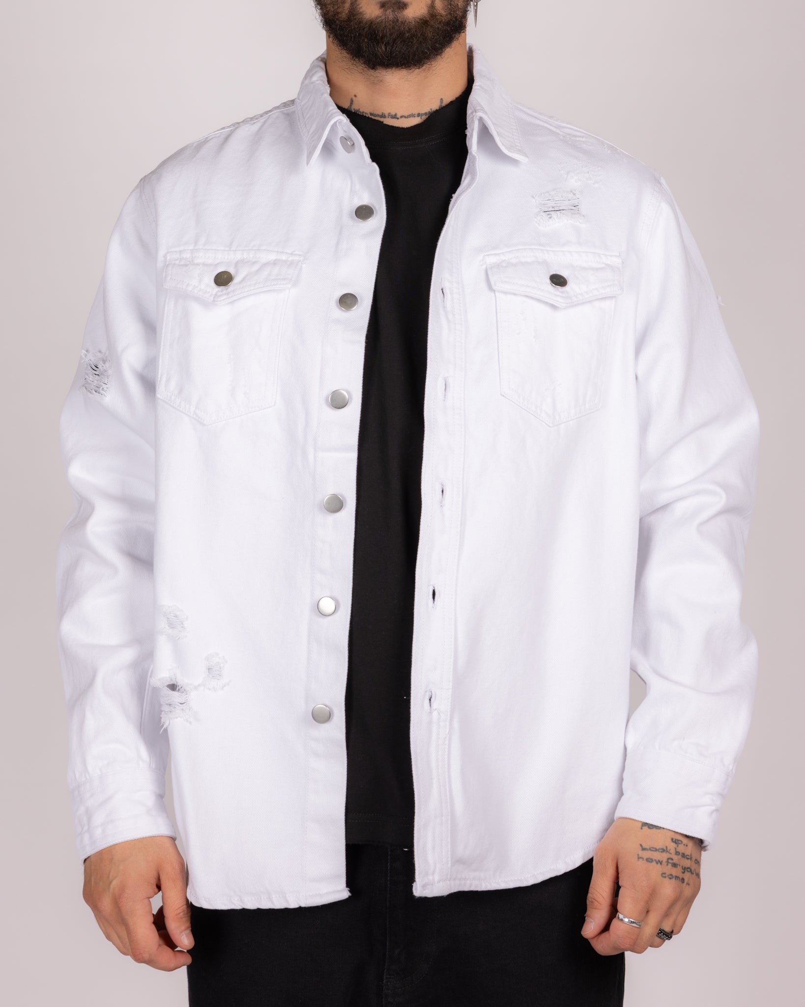 Distressed Denim Overshirt with Snap Buttons and Chest Pockets