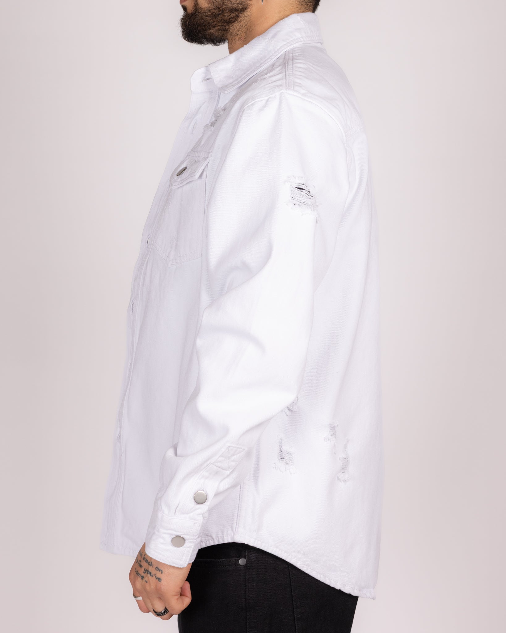 Distressed Denim Overshirt with Snap Buttons and Chest Pockets