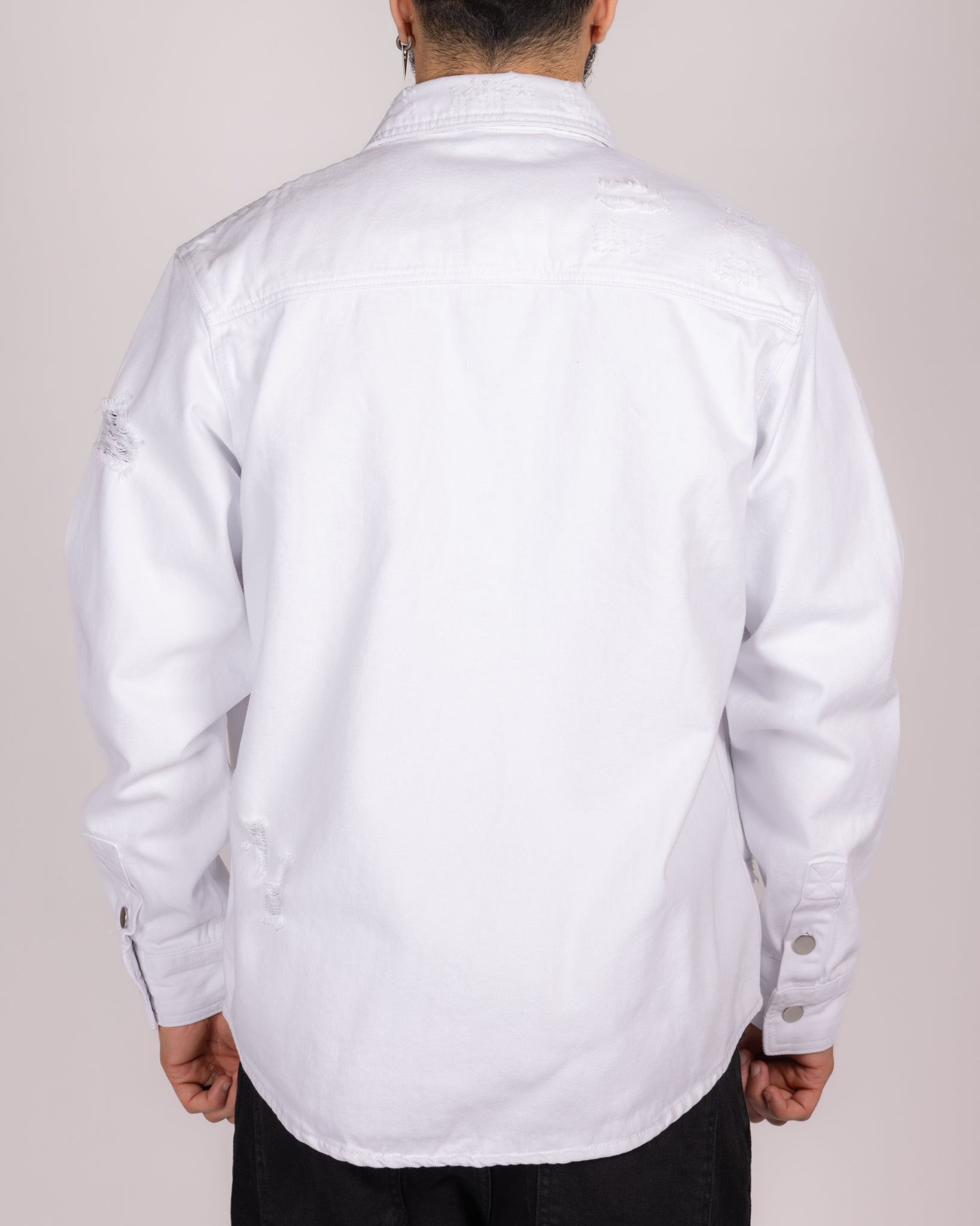 Distressed Denim Overshirt with Snap Buttons and Chest Pockets