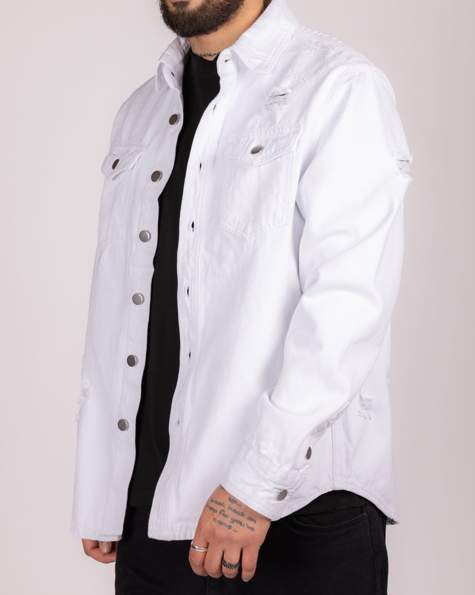 Distressed Denim Overshirt with Snap Buttons and Chest Pockets