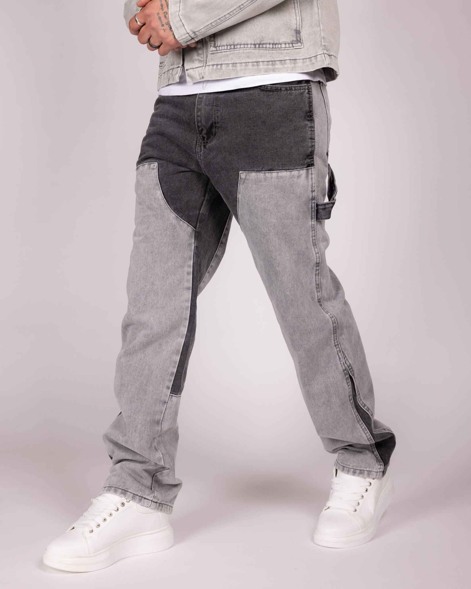 Grey Utility Jacket and Contrast Panel Jeans Denim Set