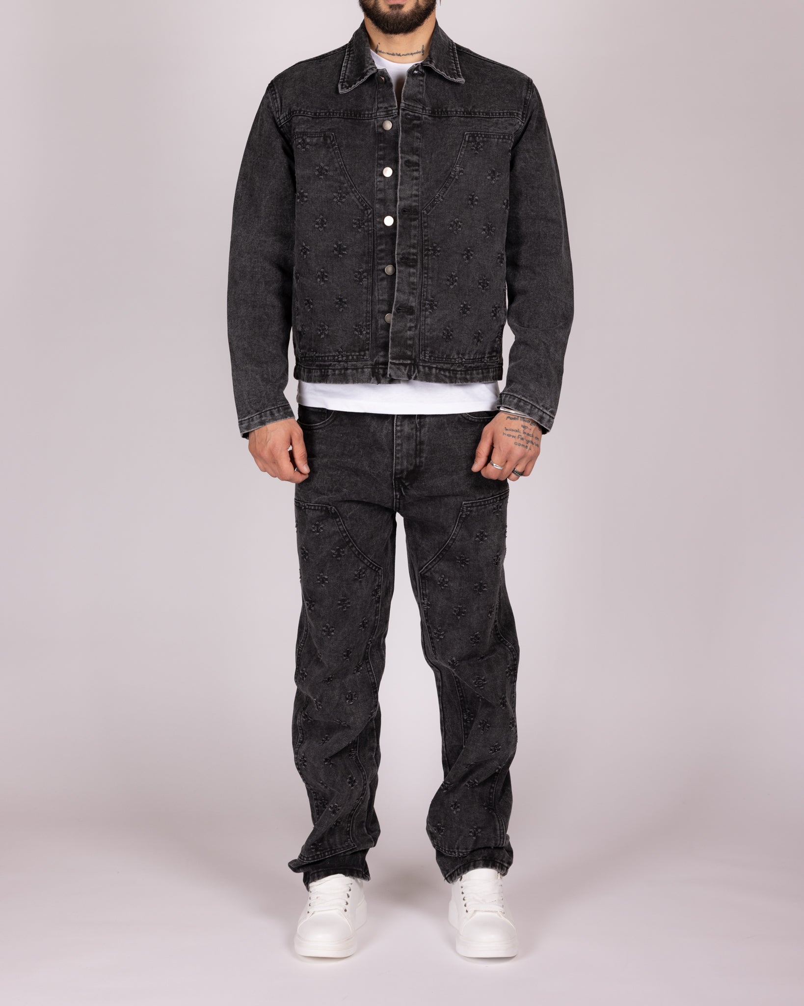 Floral Embroidered Washed Jacket and Jeans Denim Set