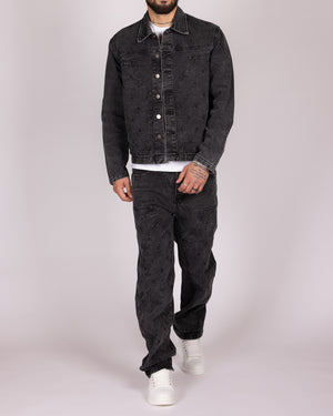 Floral Embroidered Washed Jacket and Jeans Denim Set