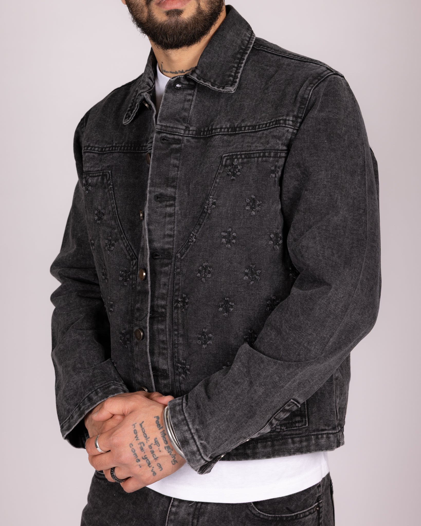 Floral Embroidered Washed Jacket and Jeans Denim Set