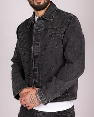 Floral Embroidered Washed Jacket and Jeans Denim Set