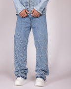 Geometric Stitch Blue Denim Jacket and Jeans Set