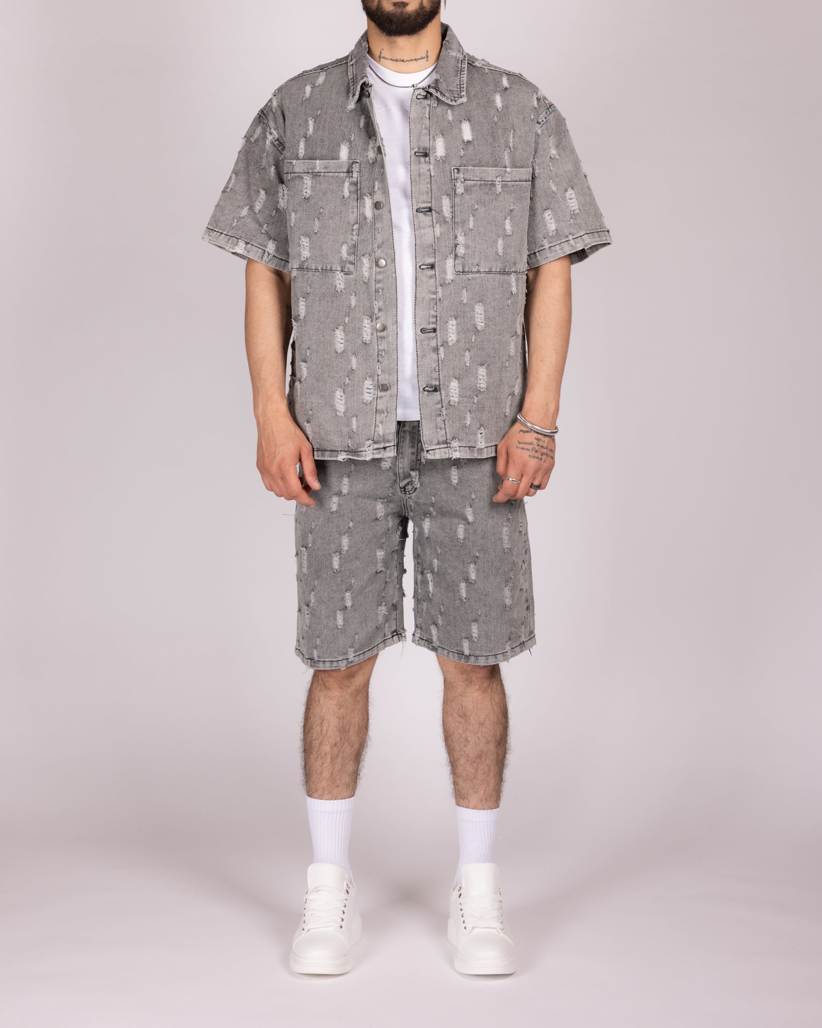 Distressed Light Grey Denim Shirt and Shorts Set