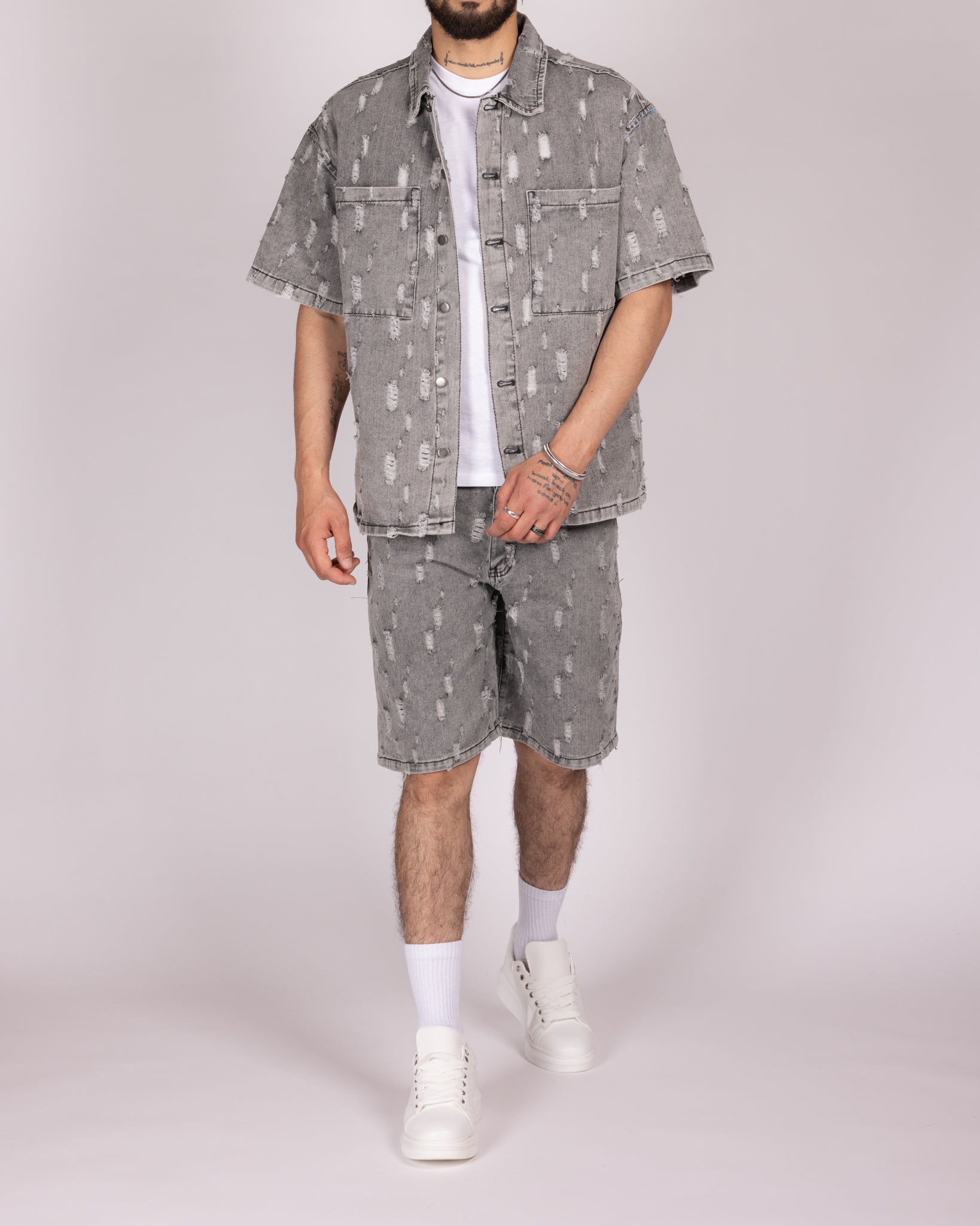 Distressed Light Grey Denim Shirt and Shorts Set