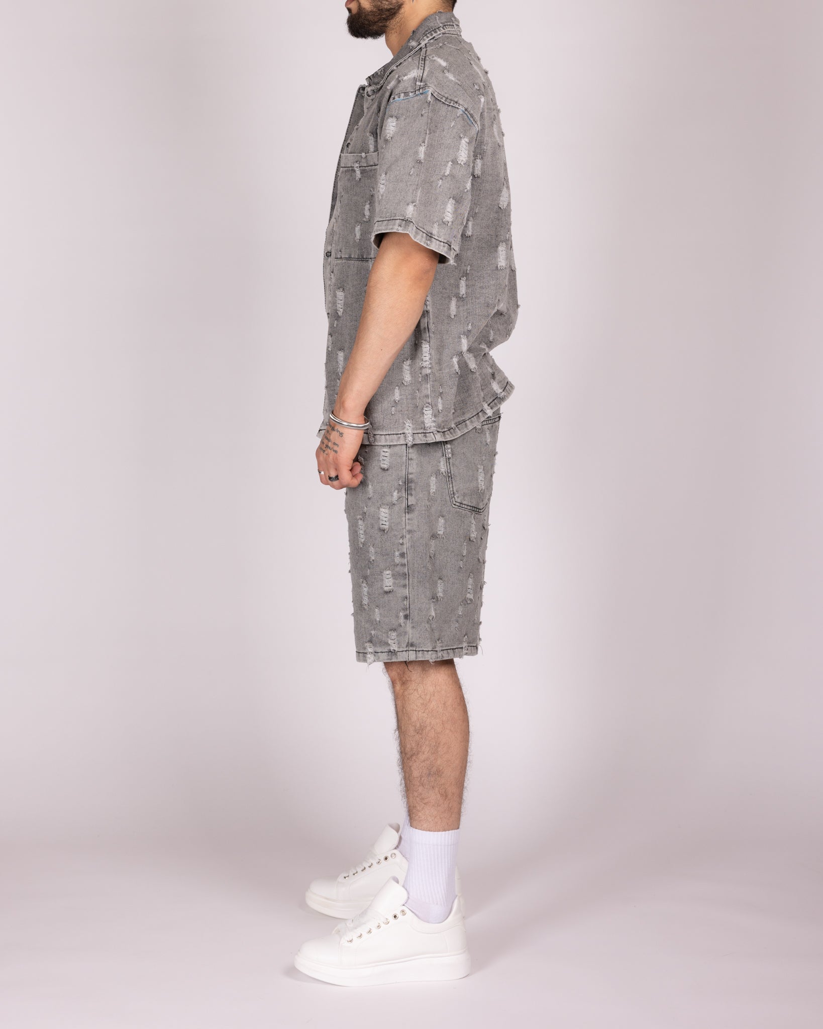 Distressed Light Grey Denim Shirt and Shorts Set