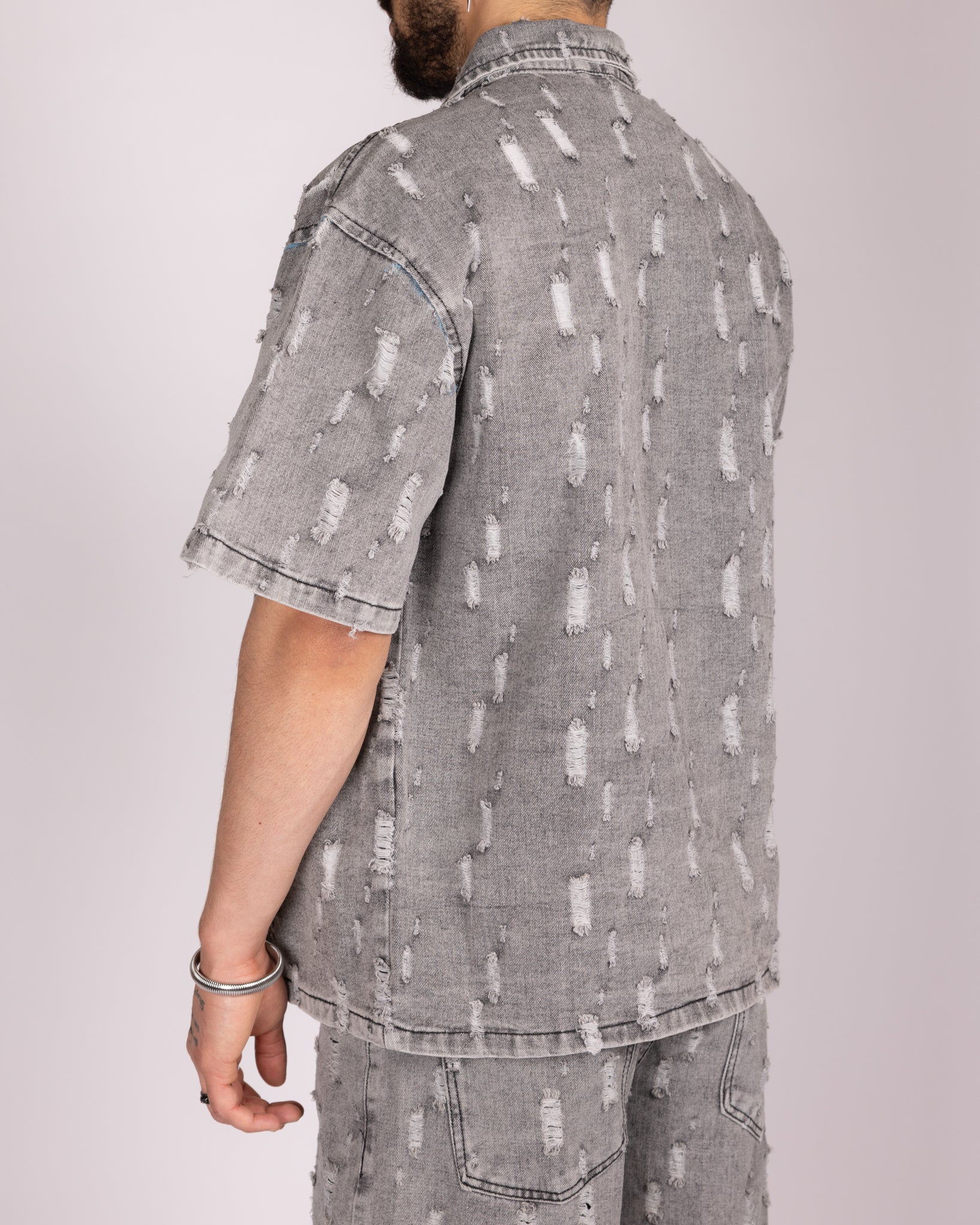 Distressed Light Grey Denim Shirt and Shorts Set