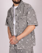 Distressed Light Grey Denim Shirt and Shorts Set