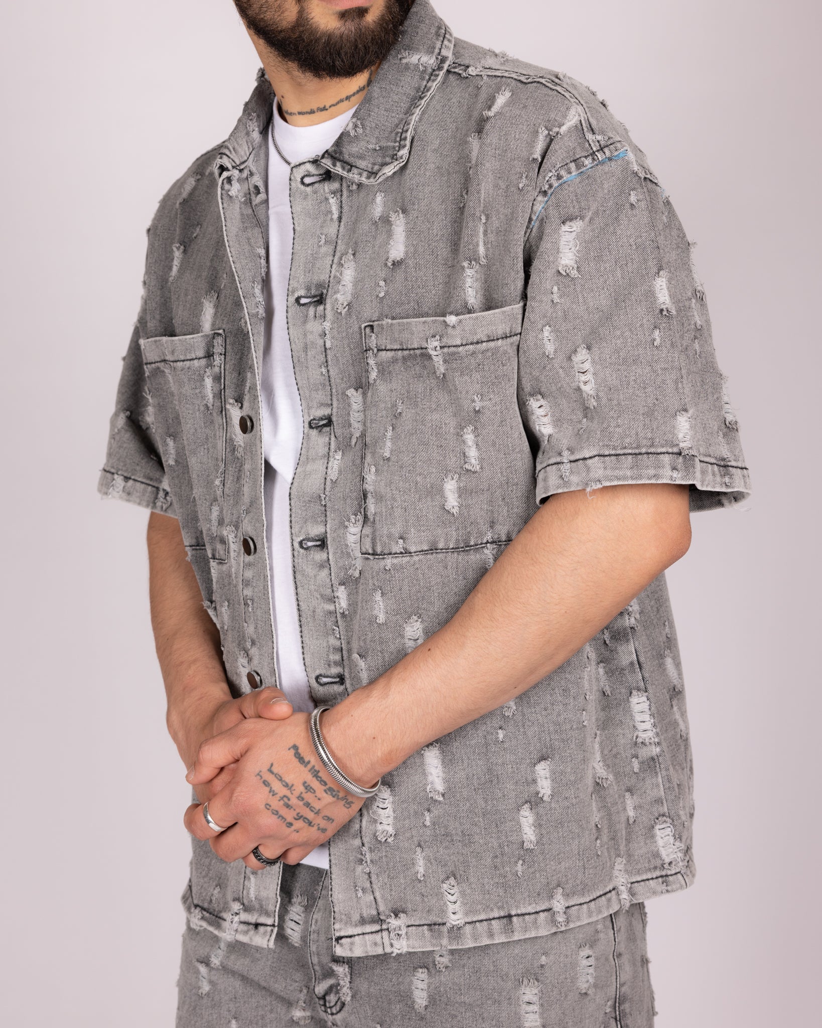 Distressed Light Grey Denim Shirt and Shorts Set