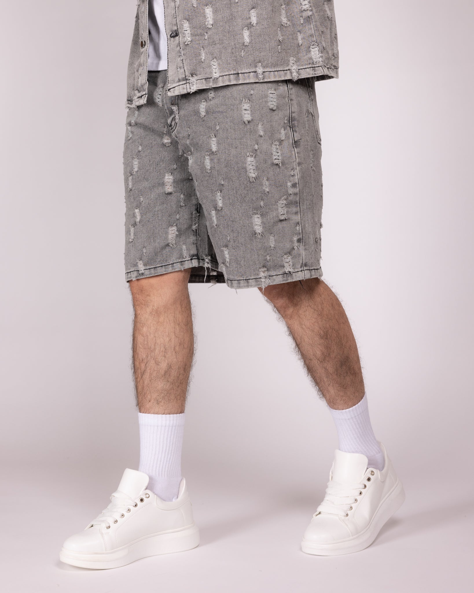 Distressed Light Grey Denim Shirt and Shorts Set