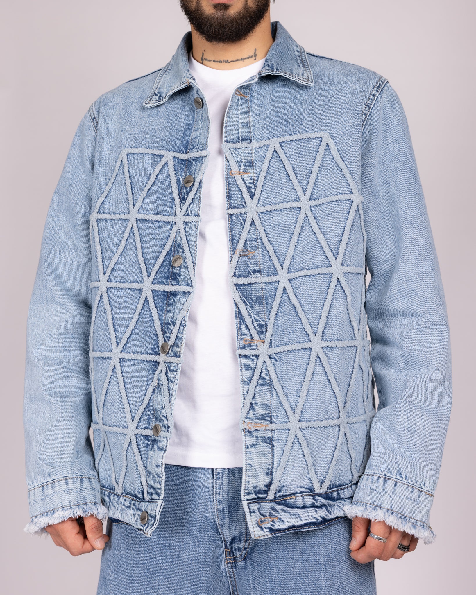 Geometric Stitch Blue Denim Jacket and Jeans Set