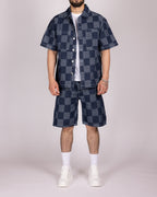 Blue Checkerboard Denim Shirt and Short Set