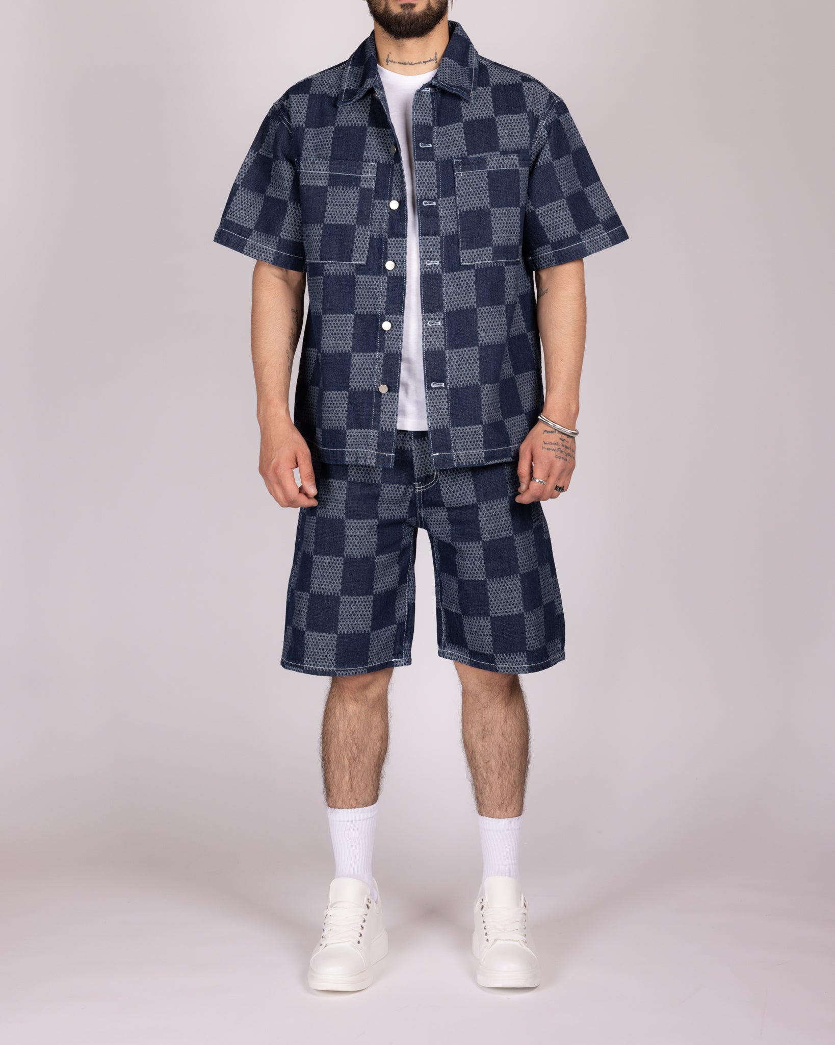 Blue Checkerboard Denim Shirt and Short Set