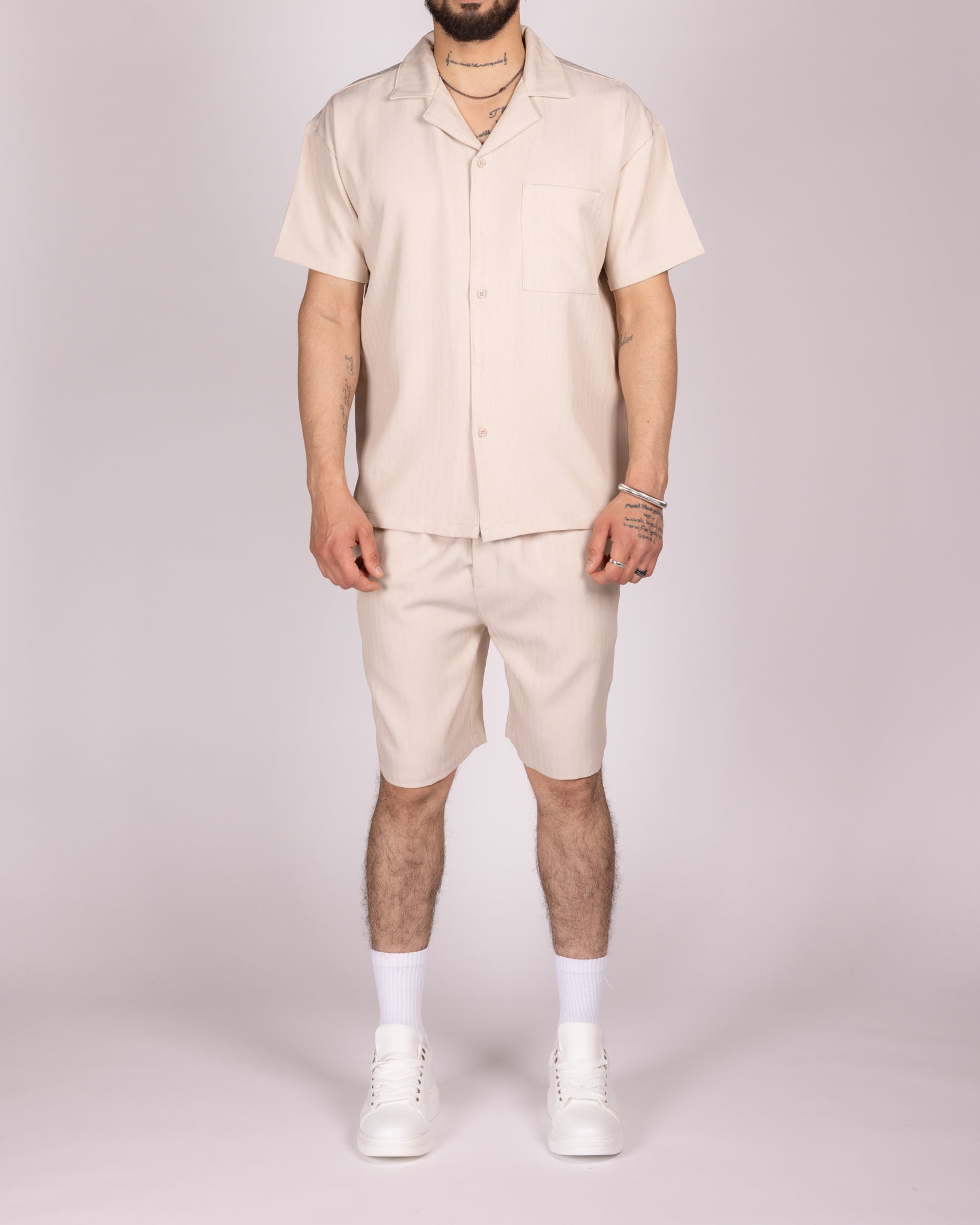 Oversized Beige Striped Shirt & Short Set