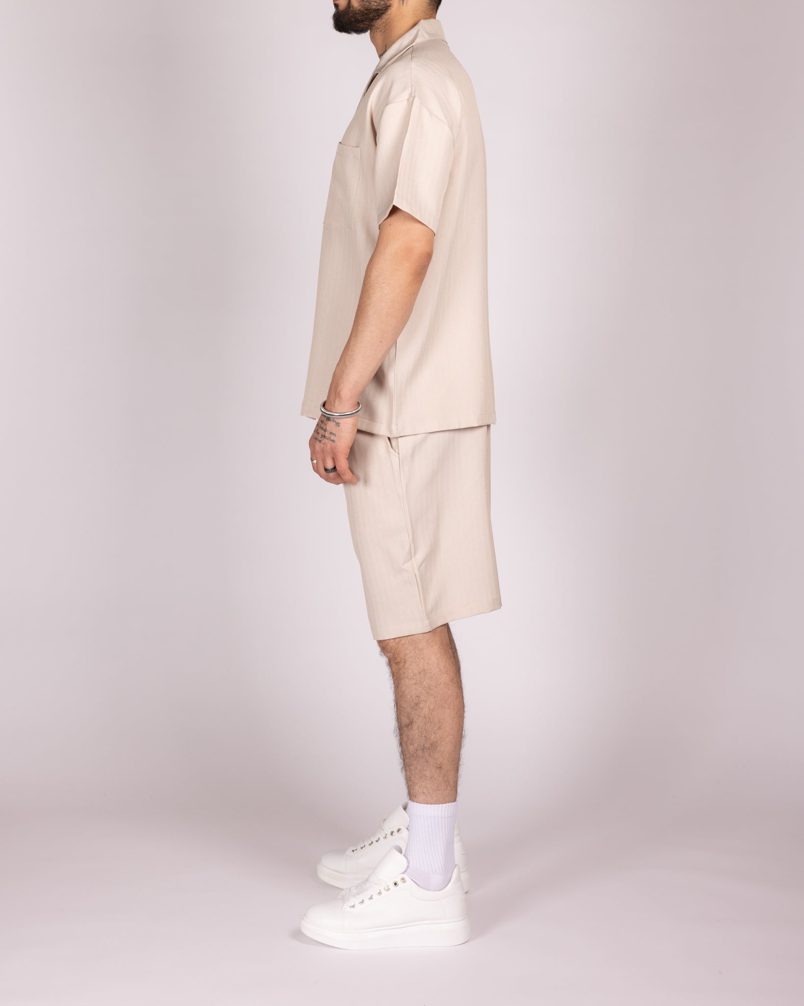 Oversized Beige Striped Shirt & Short Set