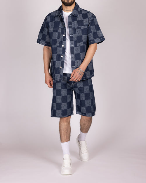 Blue Checkerboard Denim Shirt and Short Set