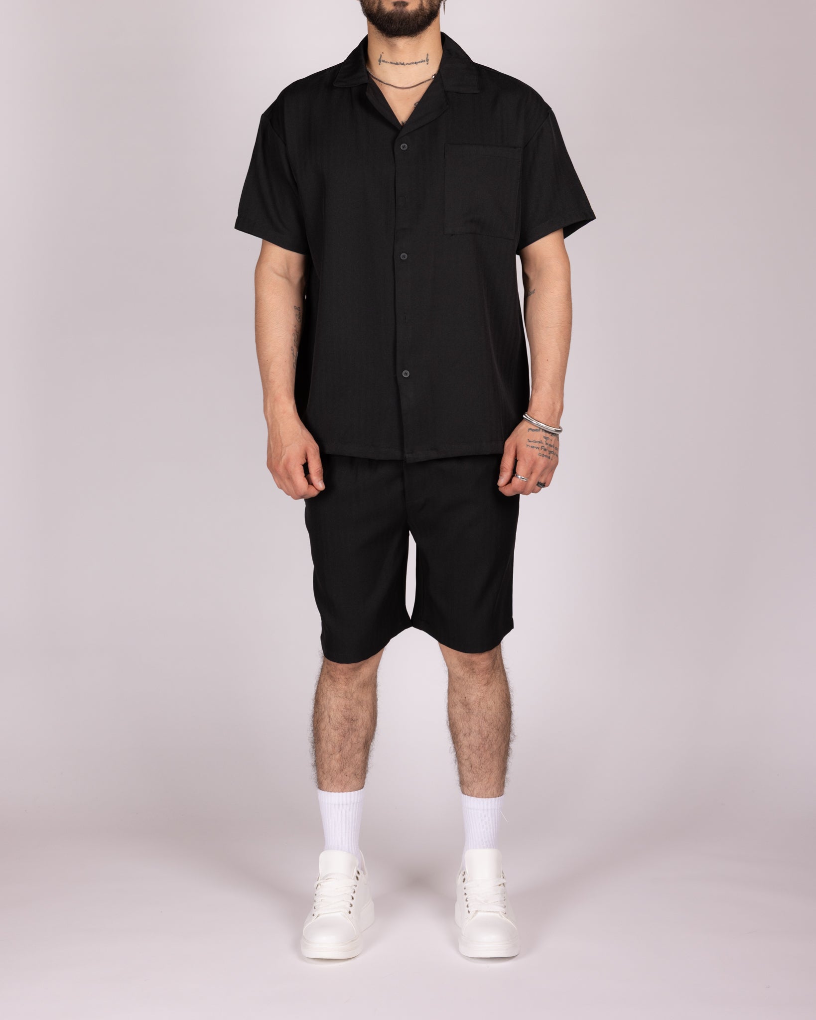 Oversized Black Striped Shirt & Short Set