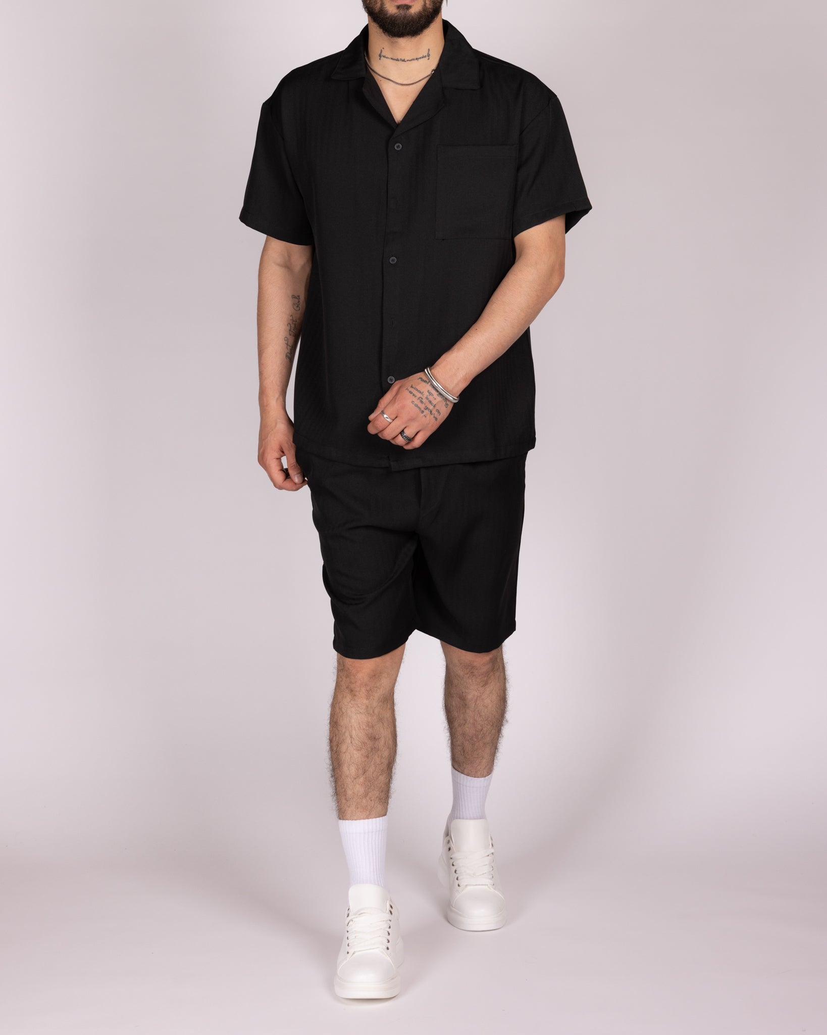 Oversized Black Striped Shirt & Short Set
