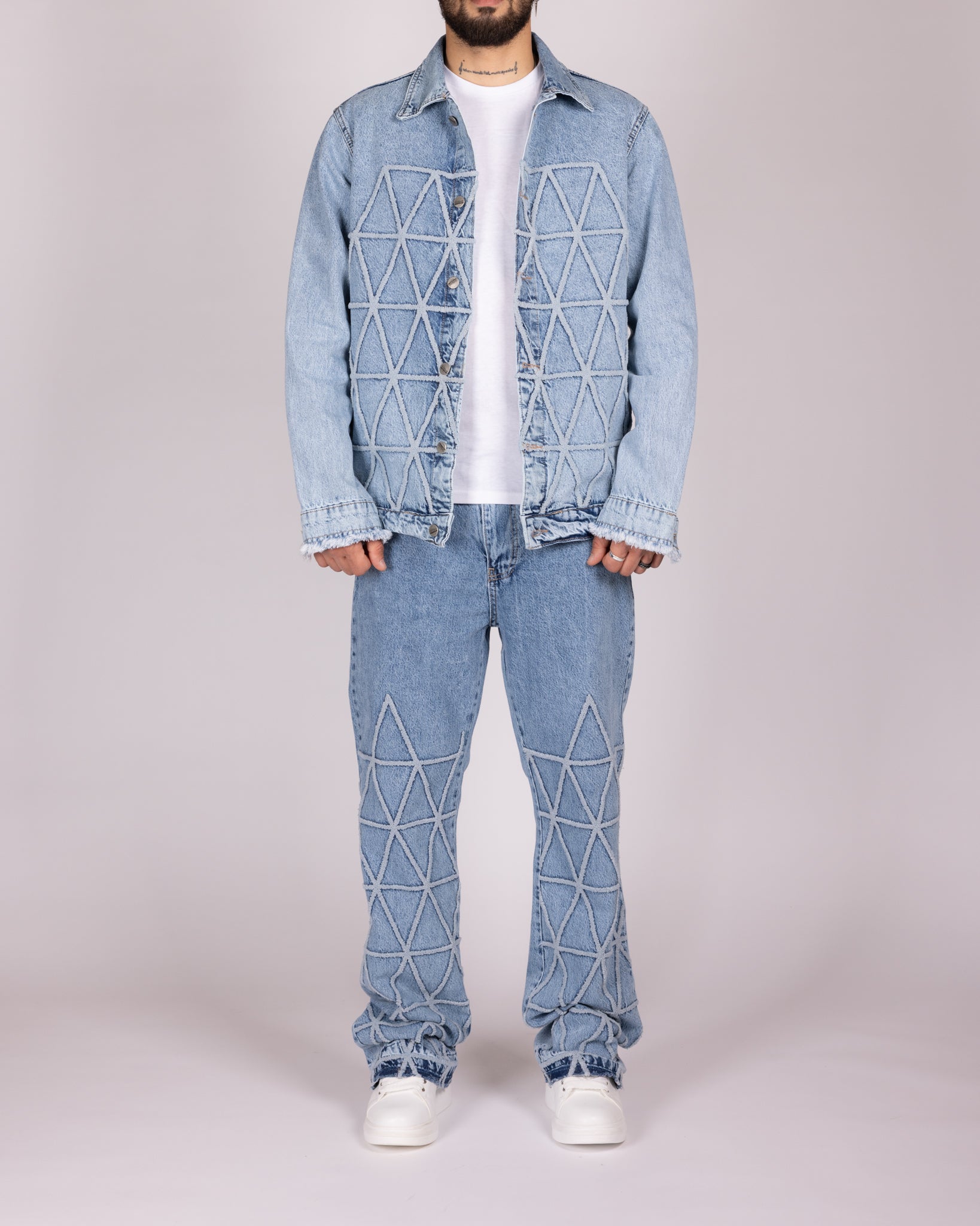 Geometric Stitch Blue Denim Jacket and Jeans Set