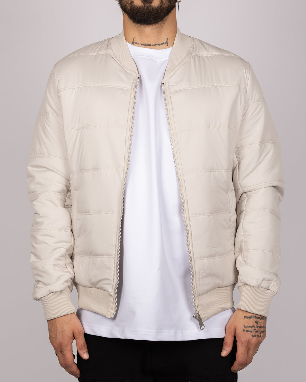 Quilted Bomber Jacket in Beige