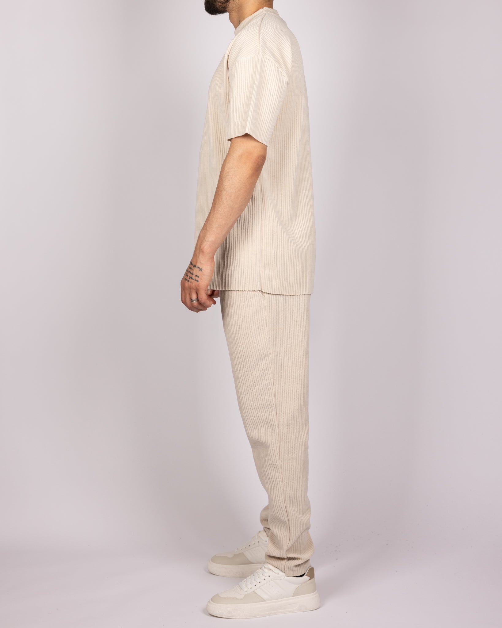 Ribbed Texture T-Shirt & Jogger Set in Beige