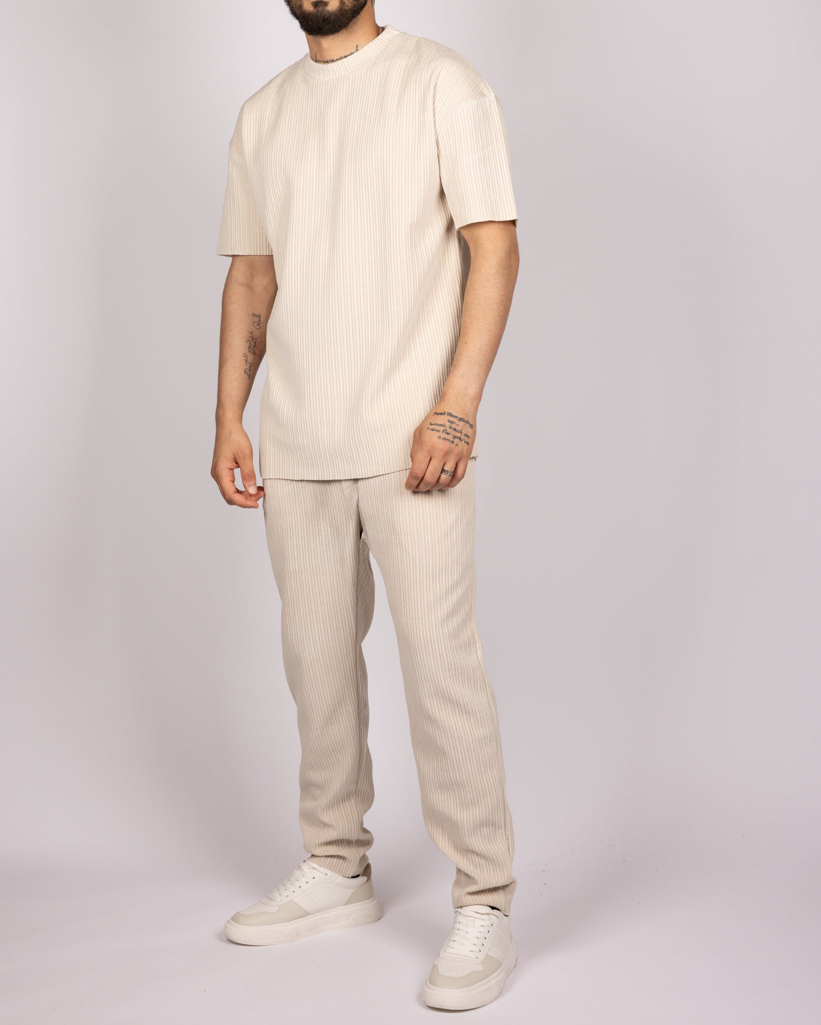 Ribbed Texture T-Shirt & Jogger Set in Beige