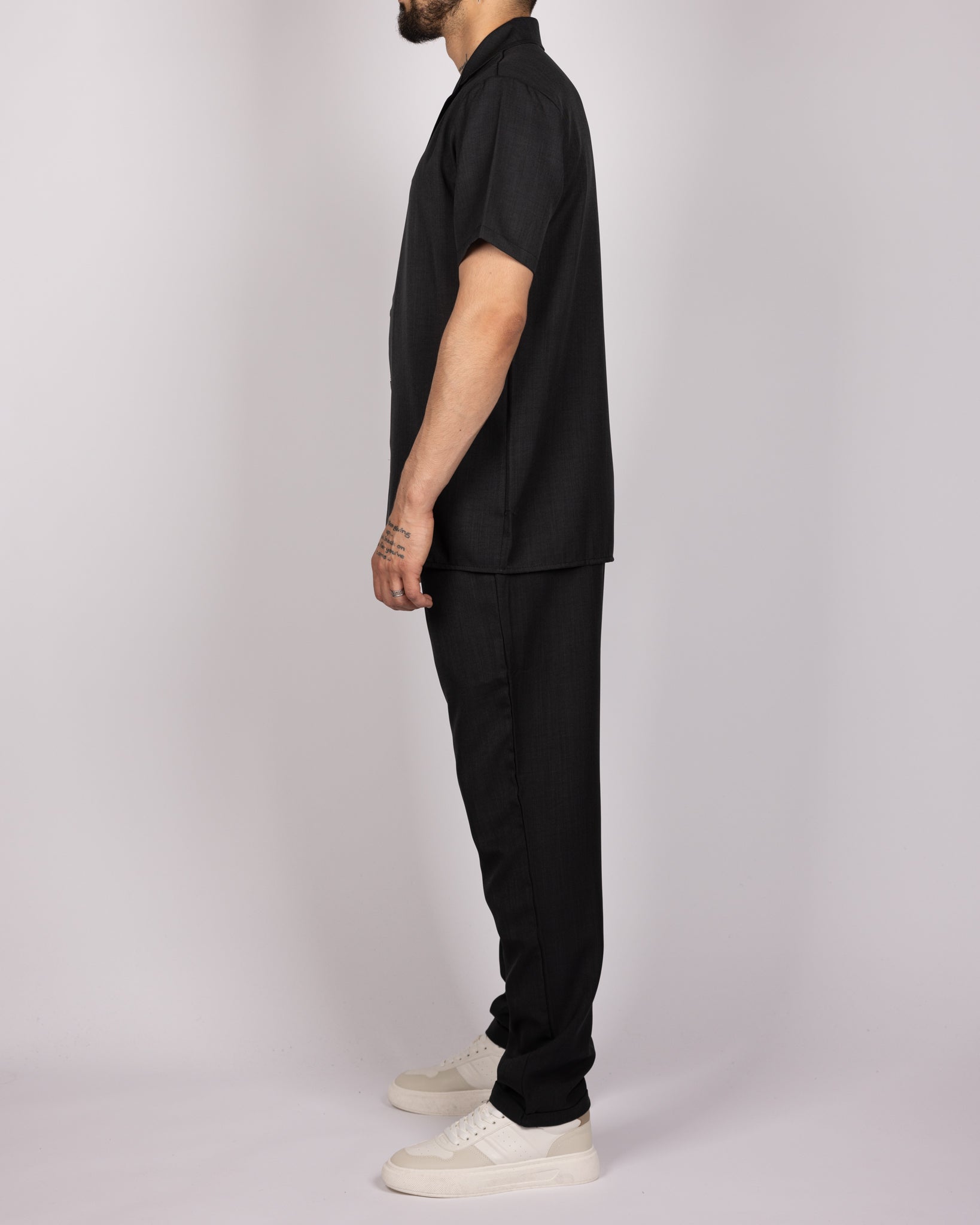 Short Sleeve Shirt & Drawstring Pants Set Black