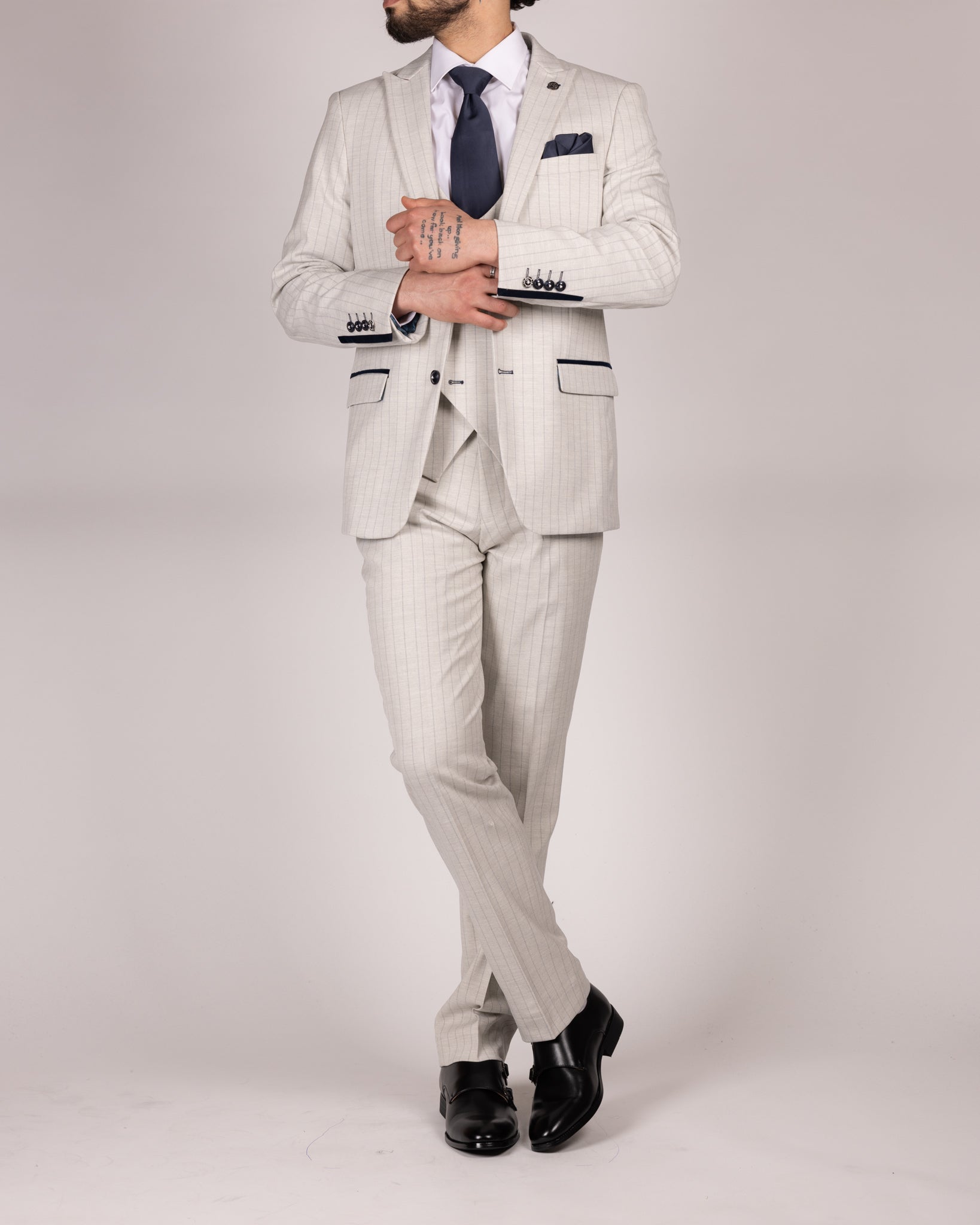 Grant - Stone Pinstripe Trousers