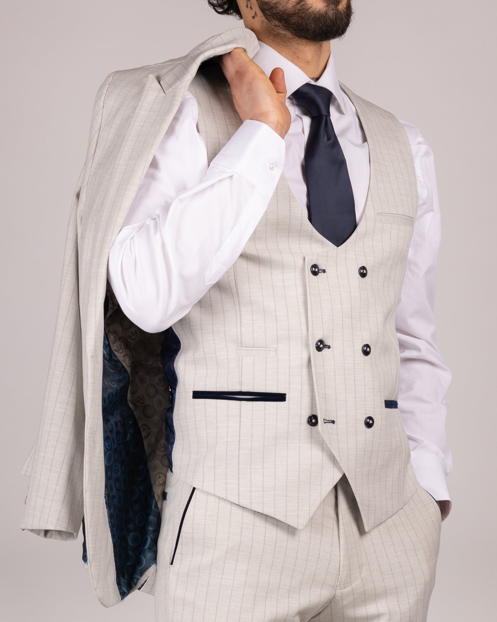 Grant - Stone Double Breasted Pinstripe Waistcoat