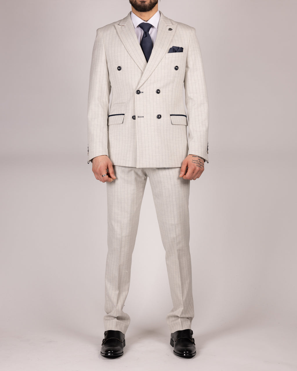 Grant - Stone Double Breasted Pinstripe Blazer