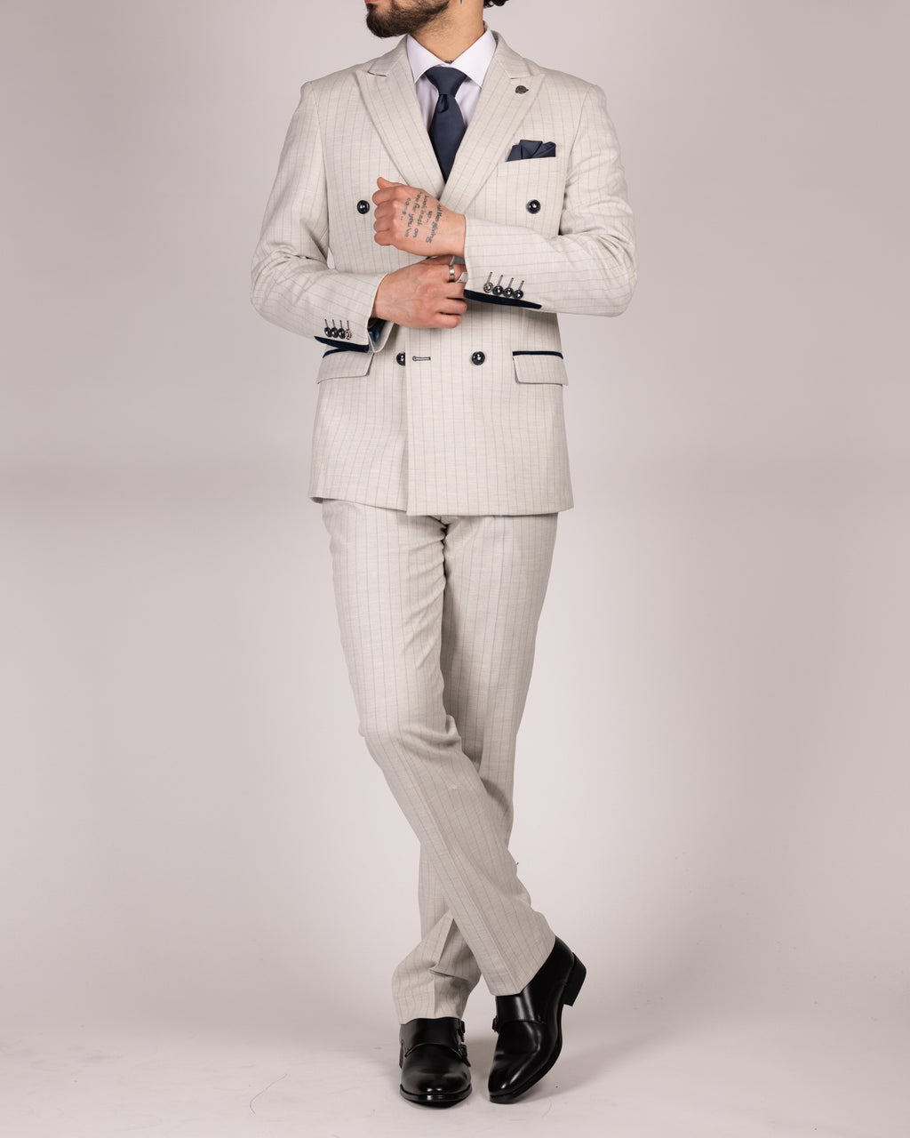 Grant - Stone Double Breasted Pinstripe Blazer