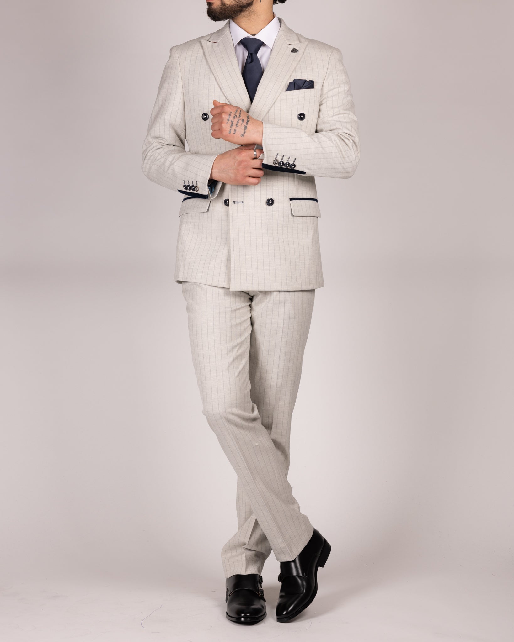 Grant - Stone Double Breasted Pinstripe Blazer