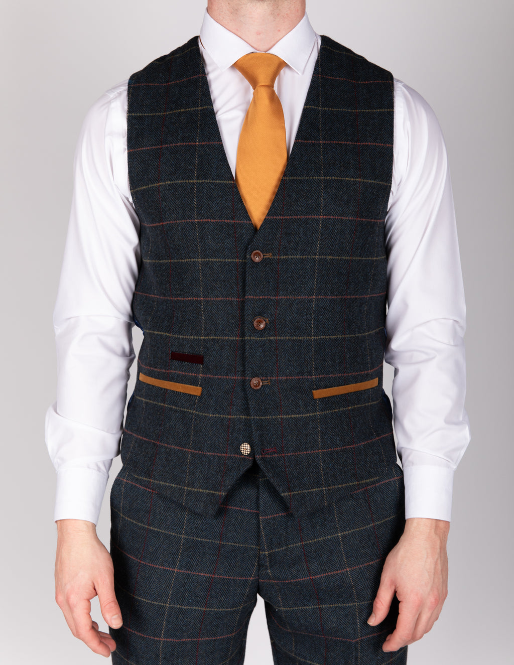 Eton - Single Breasted Navy Blue Tweed Check Waistcoat