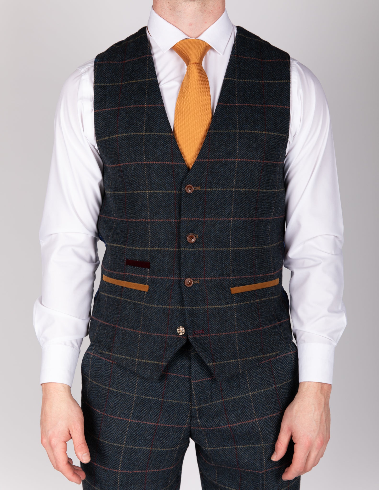 Eton - Single Breasted Navy Blue Tweed Check Waistcoat