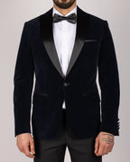 Milano Navy Velvet Peak-Lapel Blazer