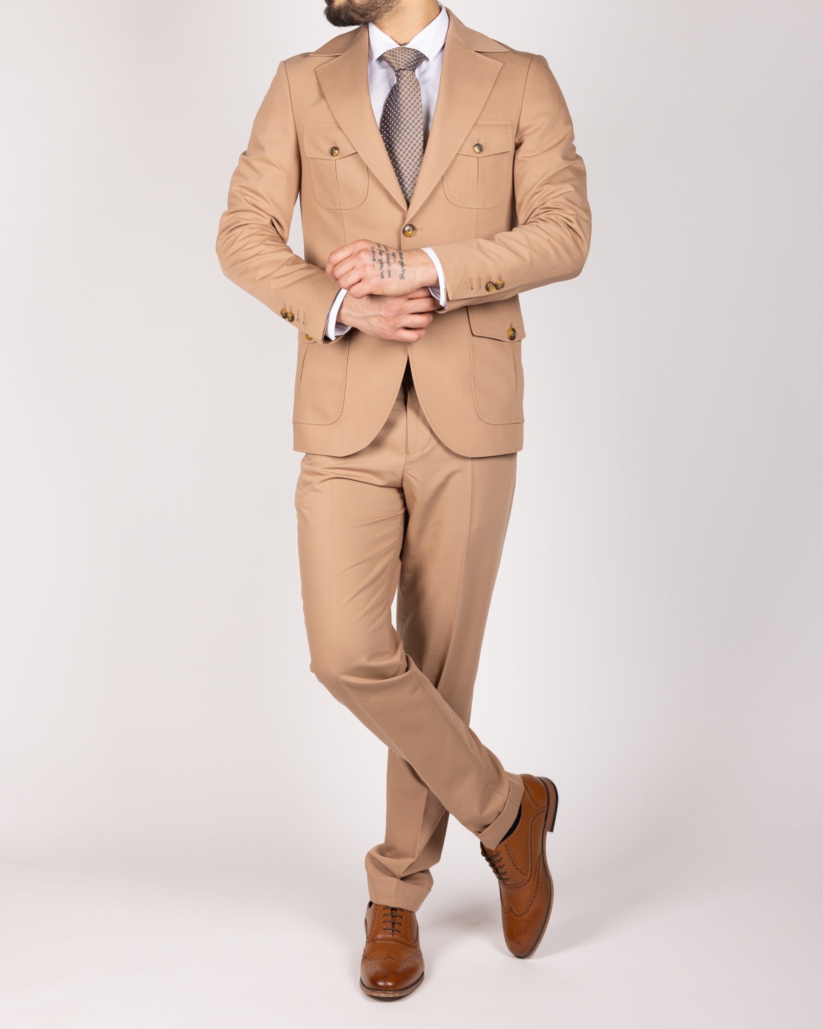 Milano Beige Modern Safari Two Piece Suit