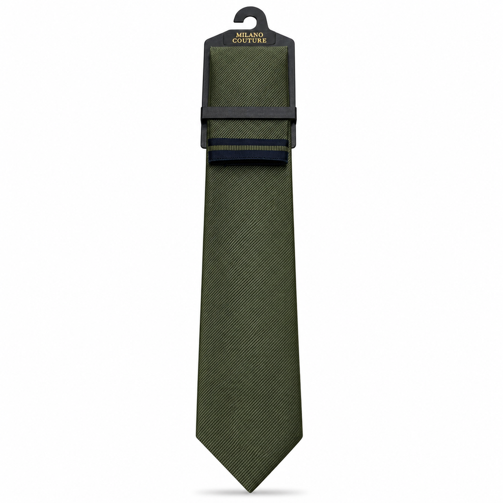MC Diagonal Striped - Tie & Pocket Square Set in Khaki Green