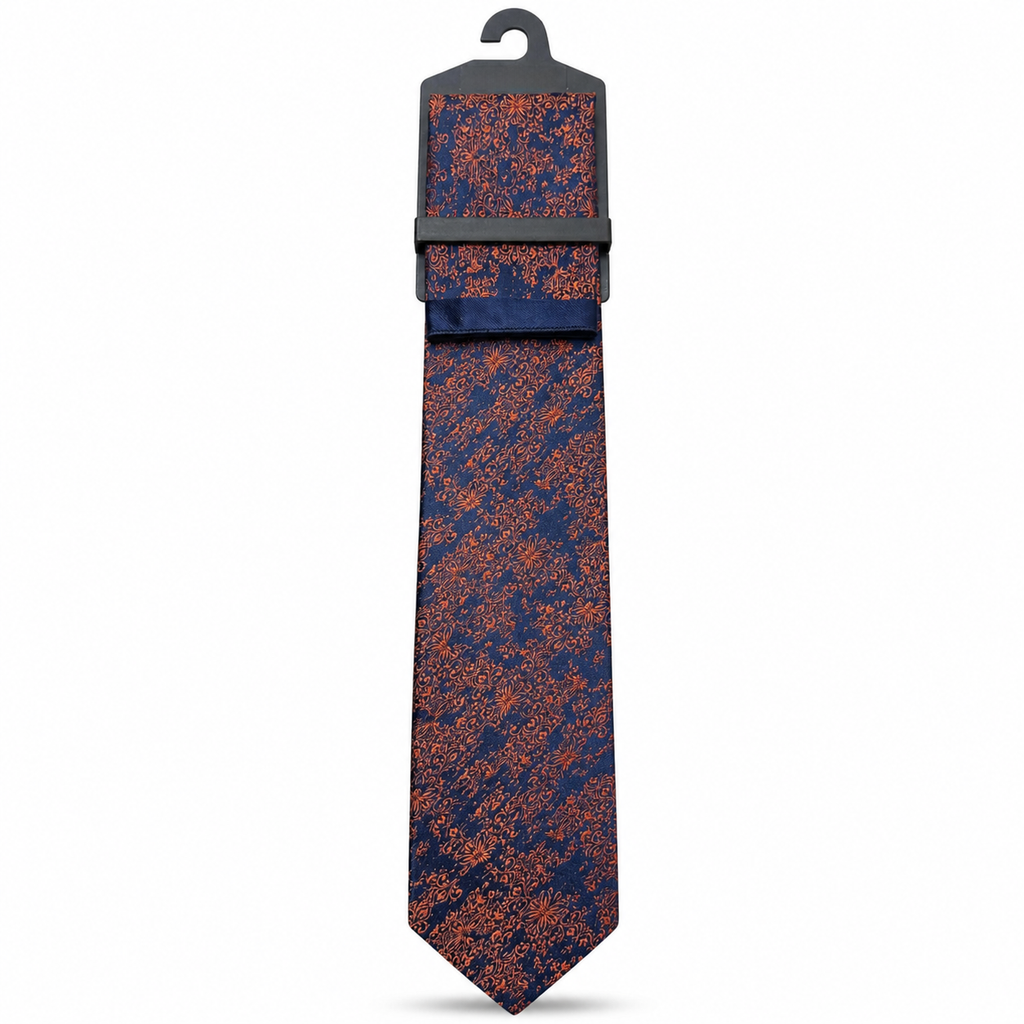 MC Floral - Tie & Pocket Square Set in Navy & Orange